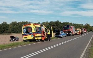 na poboczu drogi stoją pojazdy służb ratowniczych, w tym karetki pogotowia, policji i straży pożarnej, w polu obok stoi volkswagen golf.